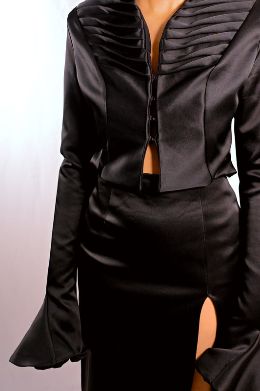 Domina - Ensemble tailleur femme noir satiné