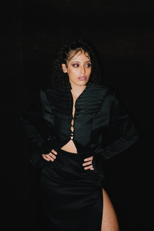 Domina - Ensemble tailleur femme noir satiné