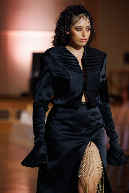 Domina - Ensemble tailleur femme noir satiné